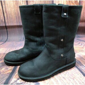 UGG Malindi Cuffable Cuff Black Leather Shearling Boots Womens 6 /37 (f8j)